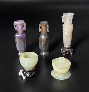 5 Chinese Jade Agate Amethyst Cabinet Miniatures: 5 Chinese Cabinet Miniatures: a 3-piece Gaiwan cup set in white jade of teacup, cover and cup-stand, a miniature bowl on wood stand, and 3 vases, 1 carved in amethyst and 2 carved in chalcedony agate,