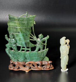 2 Chinese Jade Carvings: White Lady & Green Boat