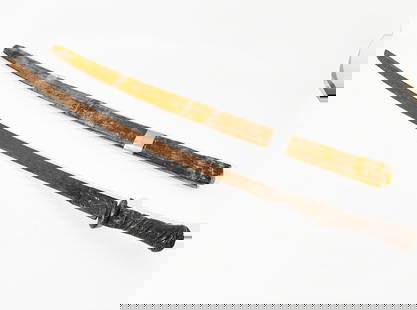 European Iron Sword Blade Silver Foil Grip: European Curved Iron Sword Blade with Silver Foil covered Grip and hand guard; with wood storage scabbard. Length 35 1/2 inches (90 cm.).