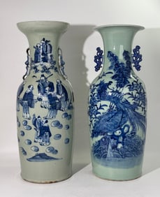 2 Lg Chinese Qing Celadon Vases Blue White Designs