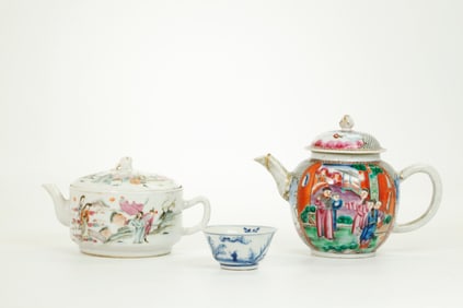 2 Chinese Enameled Porcelain Teapots; 1 B & W Cup