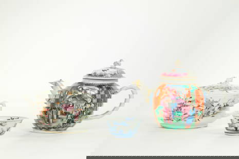 2 Chinese Enameled Porcelain Teapots; 1 B & W Cup: 2 Chinese Enameled Porcelain Teapots, an 18th C Mandarin Figure Teapot with grisaille brocade ground and a 19th Century wide mouth teapot with Immortals, Figures and Calligraphy, the base with seal ma