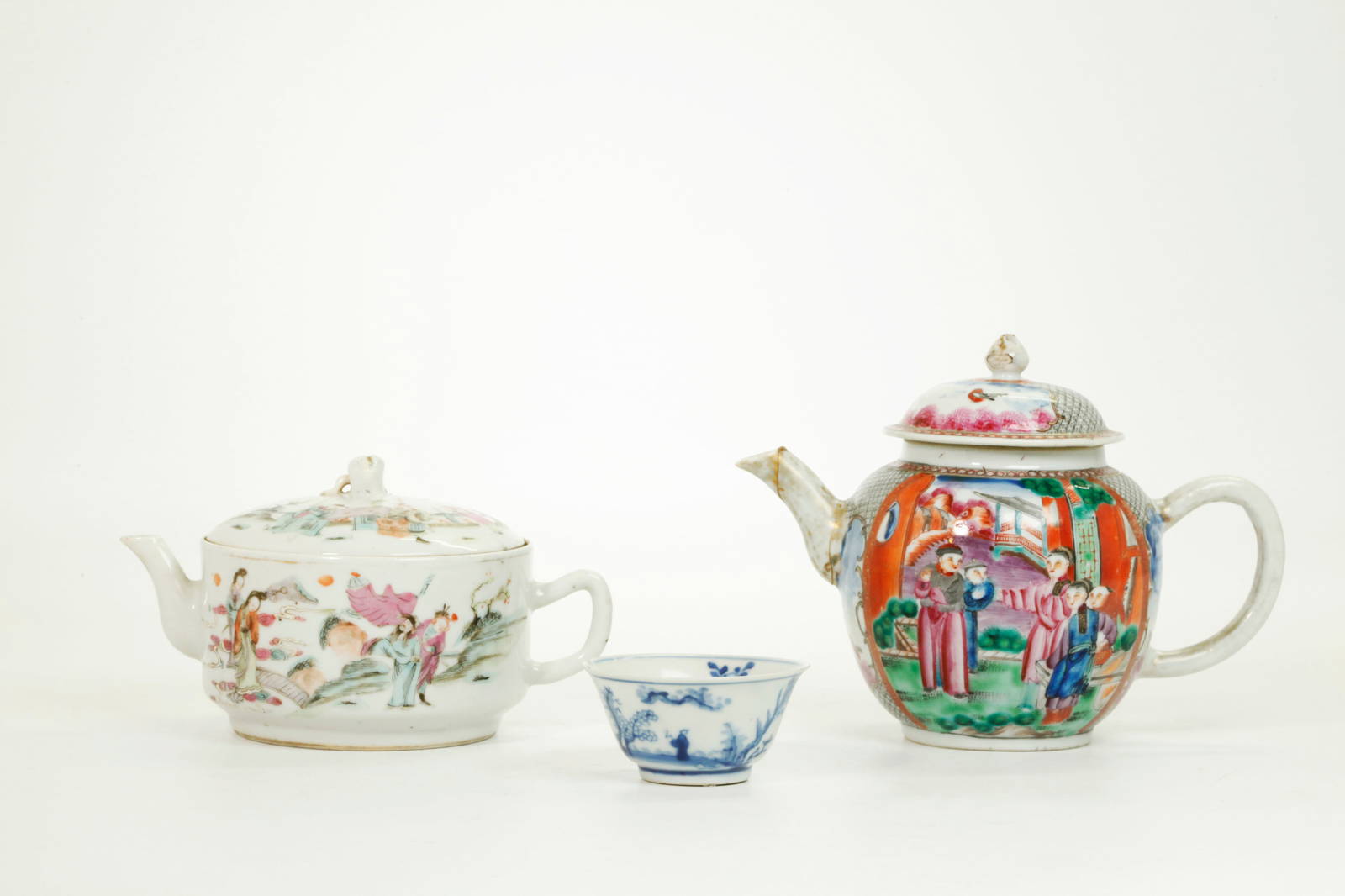 2 Chinese Enameled Porcelain Teapots; 1 B & W Cup