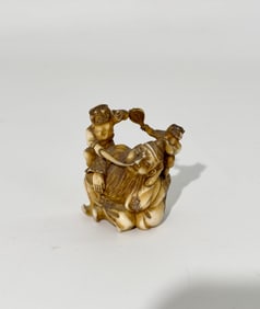 Japanese Carved Bone Okimono: Dreamer & 2 Oni