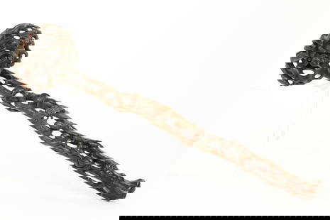 Chinese Chengxiang Wood Carved Ruyi Scepter: Chinese Chengxiang Wood Carved Ruyi Scepter, pierced and polished as multiple branches of Magnolia with new Leaves, small Buds and Bats, the head with an open blossom & bat, the base with 2 holes for