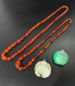 2 Chinese/Russian Vintage Amber Necklaces; 2 Snuff