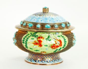 Chinese Silver Enamel Covered Bowl & Turquoise