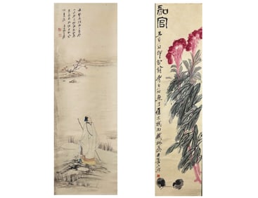 2 Chinese Scroll Paintings; Flowers and Figure