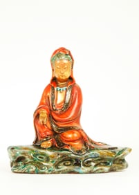 Chinese Enameled Porcelain Seated Guanyin & Stand