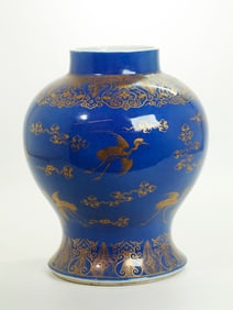 Chinese Powder Blue & Gold Porcelain Temple Jar