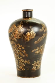 Chinese Qing Fujian Gold & Black Lacquer Meiping