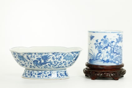 2 Chinese Blue & White Porcelains; Bitong & Bowl