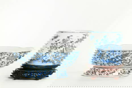 2 Chinese Blue & White Porcelains; Bitong & Bowl: 2 Chinese Blue & White Porcelains; a Bitong Brush Pot with a design of Rocks & Bugs in a Flower Garden, the base with a wide unglazed "Bi" foot ring with a small recessed & glazed center, with carved