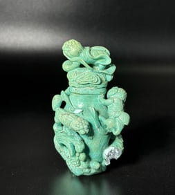 Chinese Qing Carved Turquoise Fu Dog Urn & Cover