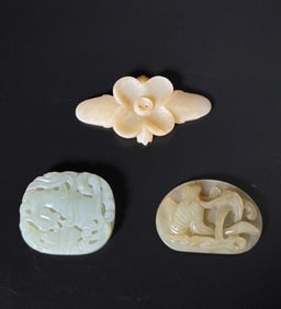 3 Chinese Jades; Ming Warm White Flower, 2 Plaques