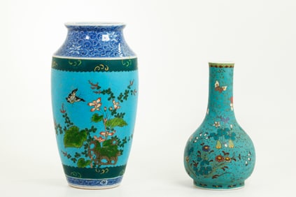 2 Japanese Totai Shippo Porcelain Cloisonne Vases