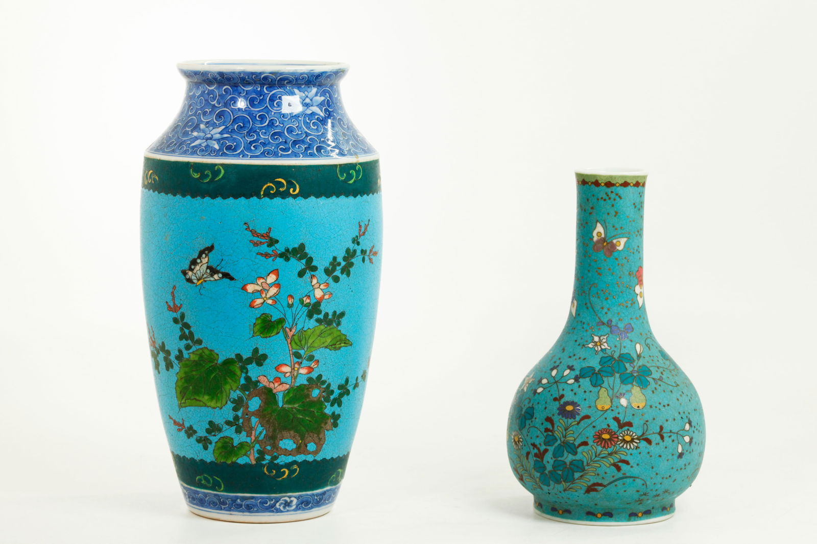 2 Japanese Totai Shippo Porcelain Cloisonne Vases: 2 Japanese 19th Century "Totai Shippo" Porcelain Cloisonne Vases, the smaller with lengthy mark to bottom in underglaze blue and iron red, "Made in Great Japan, by the cloisonn? company, Takeuchi Chub