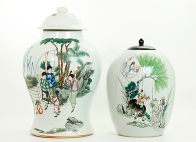 2 Chinese Enamel Porcelains Temple Jar & Gourd Jar