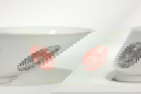 Chinese White Porcelain Bowl Red Phoenix Roundels: Chinese clear glazed white Porcelain Bowl with 5 ungerglaze Red Phoenix Roundels to outside and 1 to inside center, the base with6 character Daoguang seal mark in underglaze blue. Diameter 5 3/4 inche