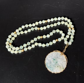 Chinese Antique Jadeite pendant Necklace, 14K Gold