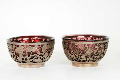 Pr Chinese Qing Peking Glass Bowls Silver Holders