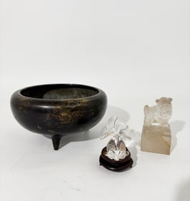 2 Chinese Crystal Quartz Carvings; Bronze Censer