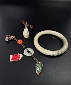 Chinese Mottled Jade/Jadeite Bangle; 2 Pendants