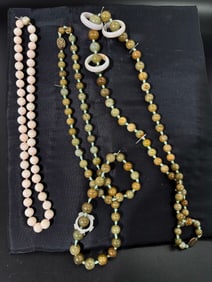 2 Chinese Celadon Jadeite Bead Necklaces; 1 Coral