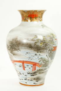 Lg Japanese Satsuma Landscape Porcelain Vase: Lg Japanese Satsuma Landscape Porcelain Vase with scenes of figures at a Temple in a Pine Forest; the neck with elaborate raised gold & enamel borders, the base with mark beginning "Dai Nippon" and th