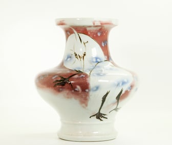 Lg Japanese Blue & Red Porcelain Egret Vase