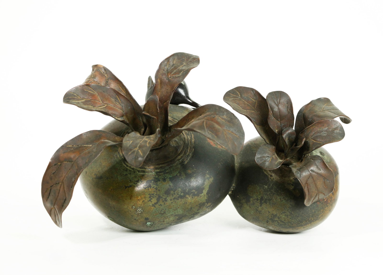 Japanese Bronze Okimono: 2 Turnips & Mouse: Japanese Bronze Okimono: 2 Turnips and a Mouse, the back of the larger Radish with an incised 3 character mark., the mouse removable and adjustable in 4 directions, and all in a dark patina with dark 