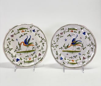 Pair French 19th C Faience Moustiers Bird Plates