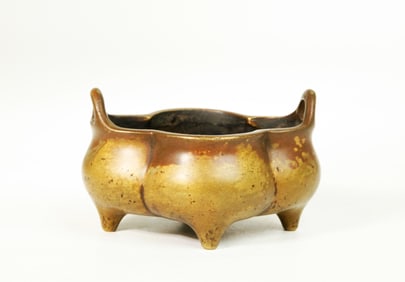 Small Chinese Yellow Bronze Quatrefoil Censer