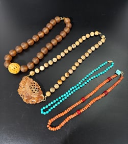 4 Chinese Designer Bead Necklaces; Coral Etc