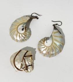 Antique Shell & Silver Wire Earrings; Horse Clip