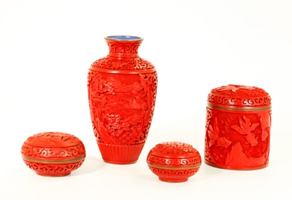 4 Chinese Cinnabar Red Lacquer on Enamel & Bronze