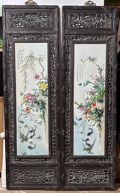 Pr Lg Chinese Enamel Porcelain Plaques Wood Frames