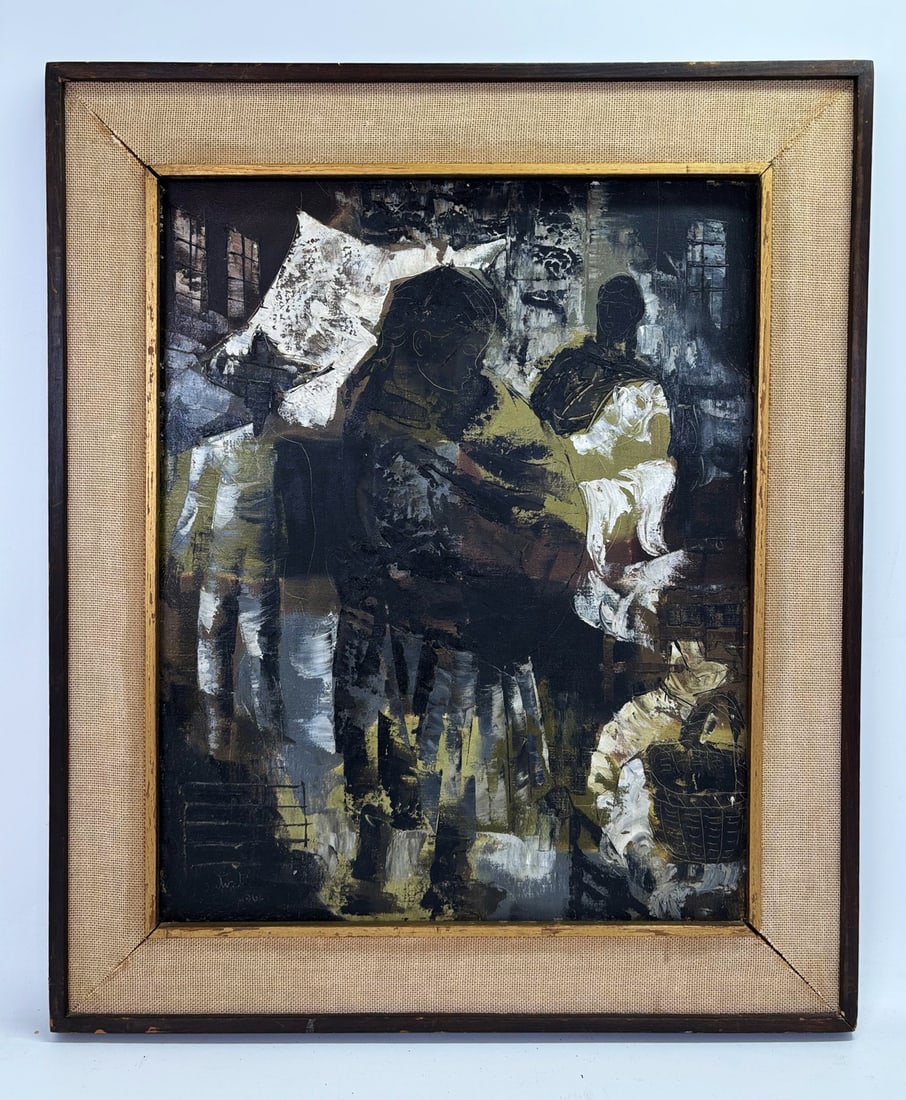 Jesus Oritz Tajonar Young Girl Scratch-Drawn Oil: Jesus Ortiz Tajonar (Mexico, 1919-1990); oil on canvas on stretcher, scratch signed in the wet paint lower left corner and dated 1966; Young Girl with Braided Hair, Man in Sombrero Hat, Lady in distan