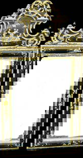 Lg Designer French Rococco Chinoiserie Mirror: Large Designer French Rococco Chinoiserie Mirror in black lacquer and gold leaf with raised design of gilt hand painted Chinoiserie Figures, the top crest removable for transport. Total height 63 inch