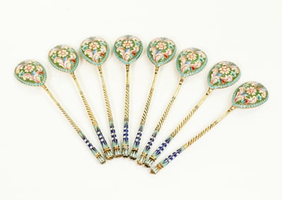 8 Russian Gilt Silver & Enamel Tea Spoons