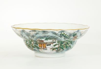 Rare Chinese 19th C Ogee Shaped Landscape Bowl