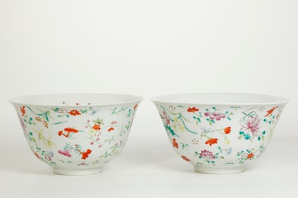 Lg Pr Chinese Famille Rose Porcelain Floral Bowls