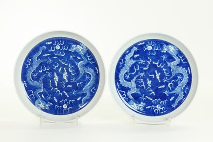 Chinese 19 C Blue White Porcelain Dragon Plates