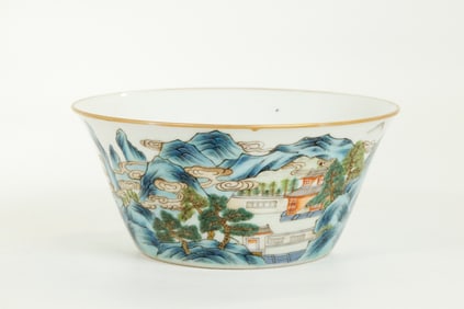 Chinese 19 C Enameled Porcelain Landscape Bowl