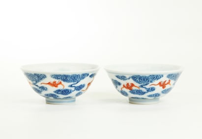Fine Pr Chinese Wu Fu Bat & Cloud Porcelain Cups