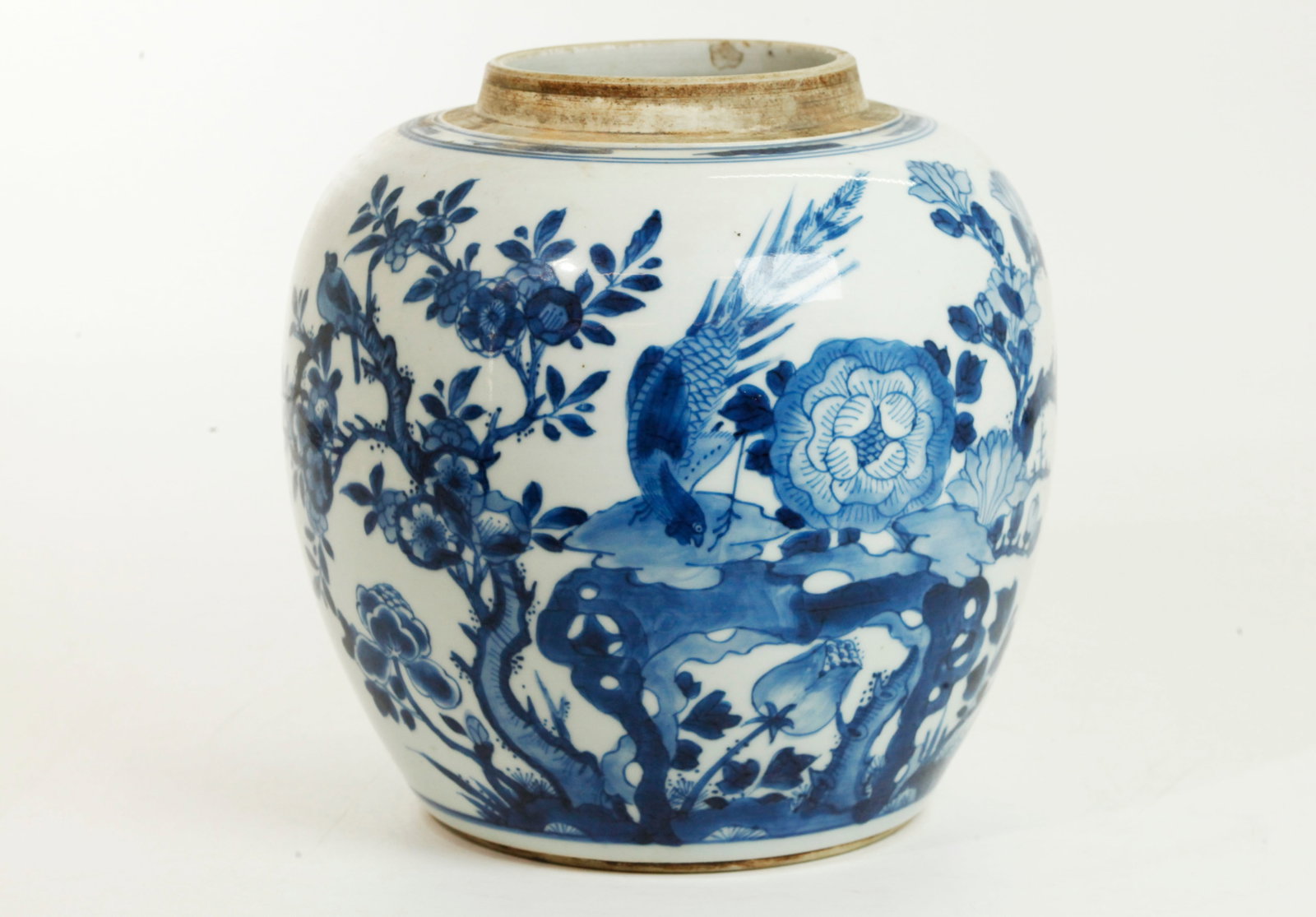 Chinese Kangxi Blue & White Porcelain Ginger Jar: Chinese Kangxi Blue & White Porcelain Ginger Jar, the front with a Pheasant on a Garden Rock in front of a flowering Magnolia Branch, the reverse with a flowering branch wit leaves and 3 small blue bi