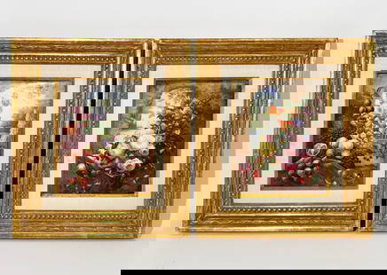 Rare Pair English Porcelain J Bourne 1875 Plaques: Rare Pair Hand Painted English Porcelain Plaques each signed J Bourne 1875, a Floral Still Life with bird nest & eggs and a Fruit Still Life with Butterfly each in Romantic Ruined Arches with a Classi