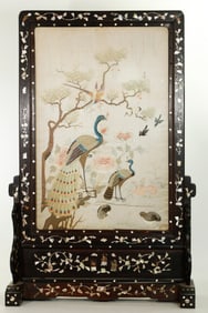 Lg Chinese Embroidered Silk & Wood Table Screen
