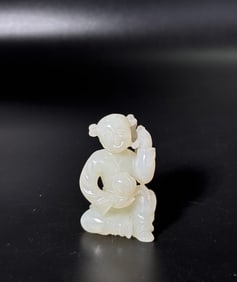 Chinese White Jade Seated Boy Peach & Lingzhi