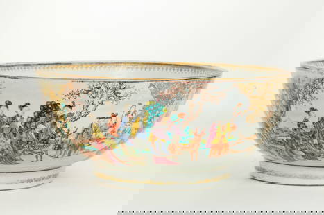 Chinese 18th C Famille Rose Porcelain Punch Bowl: Chinese Export early 18th Century Famille Rose enameled & gilded Porcelain Punch Bowl, the outside with 2 scenes of Beautiful Court Ladies, Boys and Tame Deer, the sides with a European Cow and Farmer